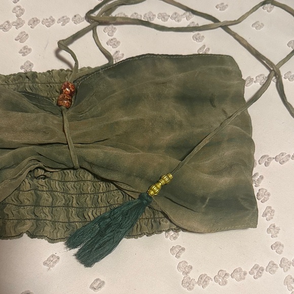 Army Forest Sage Tan Pink Green Beaded Strapless Silk Top with Tassels - Picture 2 of 6